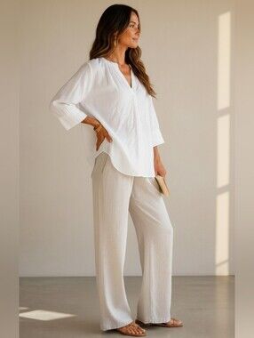 Anthropologie White Coastal Boho Puff Sleeve Textured Split-Neck Tunic Blouse